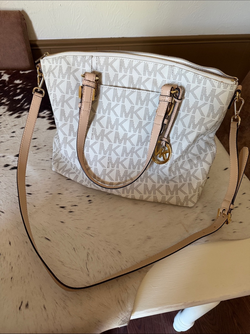Michael Kors Cream MK Logo Tote with Pale Pink Leather Trim and Gold Hardware